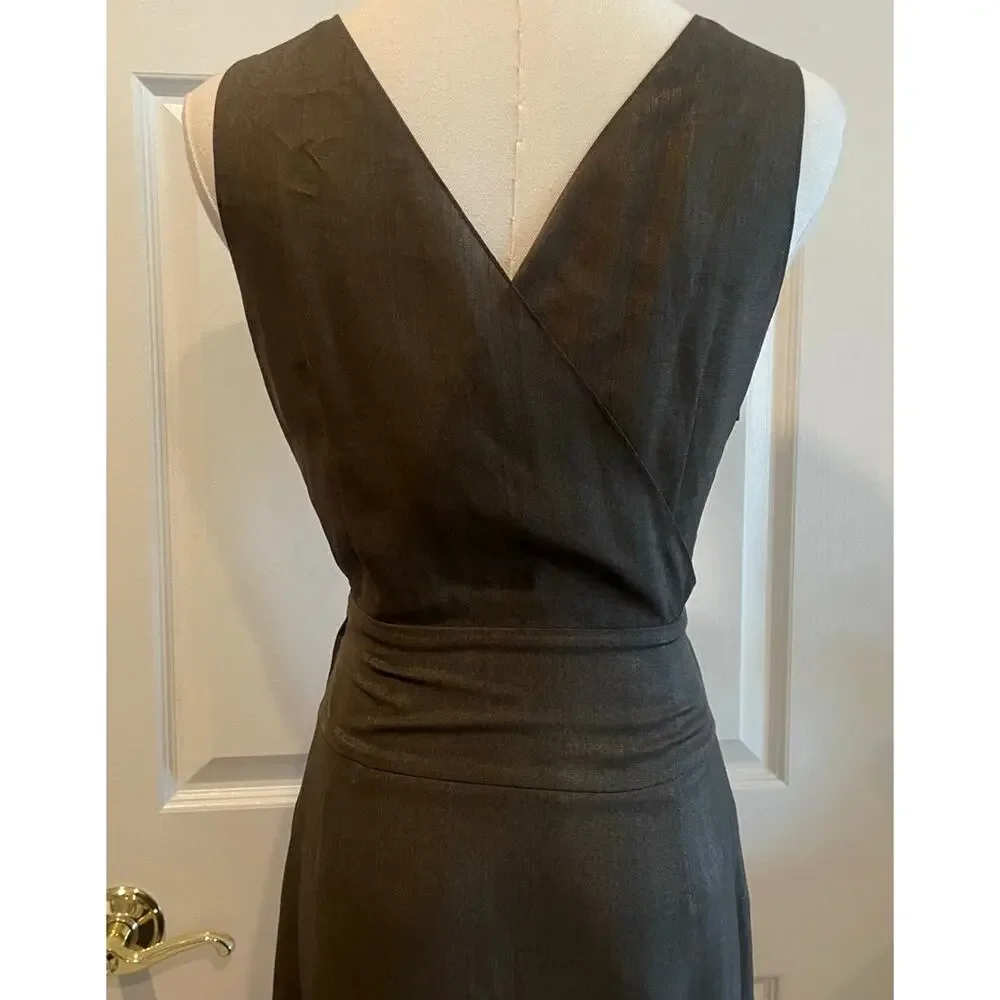 Italian e Collezioni Silk Brown Surplice Wrap Sleeveless Midi Tie Waist Dress S
